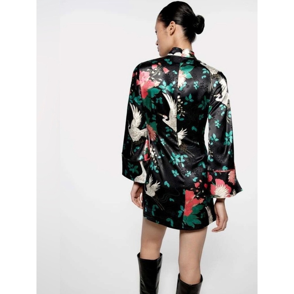 Zara Oriental Crane Floral Satin Mini Dress Large Cheongsam Qipao Mandarin - Picture 3 of 16